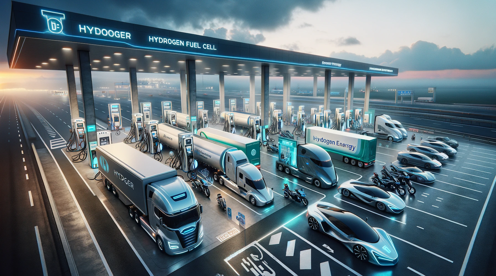 ChatGPT & DALL-E generated panoramic image of a major highway truck stop exclusively servicing hydrogen fuel cell vehicles, including trucks, cars, and motorcycles.