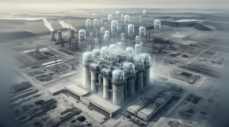 ChatGPT & DALL-E generated panoramic image depicting an abandoned coal power plant with an illusory overlay of small modular nuclear reactors floating above it