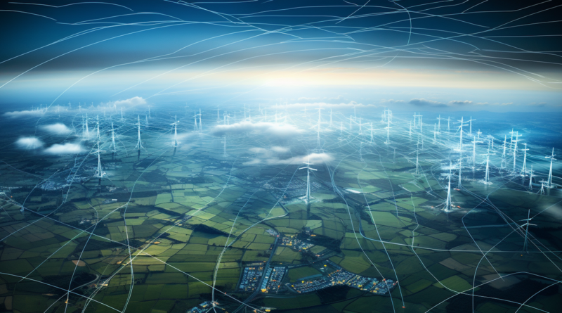 Midjourney generated image of a bird's eye view of Europe, transmission grid, wind and solar