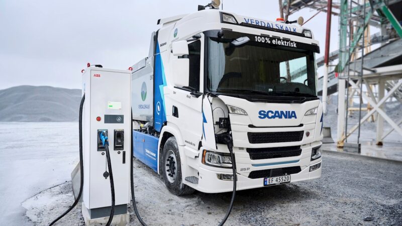 Scania electric truck using ABB E-mobility fast charger.