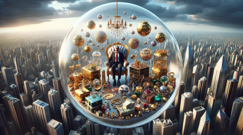 ChatGPT & DALL-E generated panoramic image depicting a billionaire inside a lavish, transparent bubble, floating above a city landscape