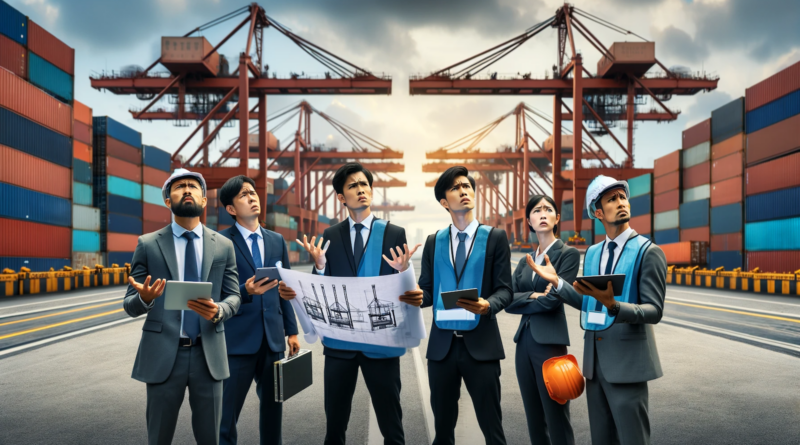 ChatGPT & DALL-E generated panoramic image has been created, depicting a group of port executives, including men and women of various ethnicities, standing on a port. They are holding blueprints and digital tablets, with expressions of confusion and concern as they try to understand the concept of port electrification.