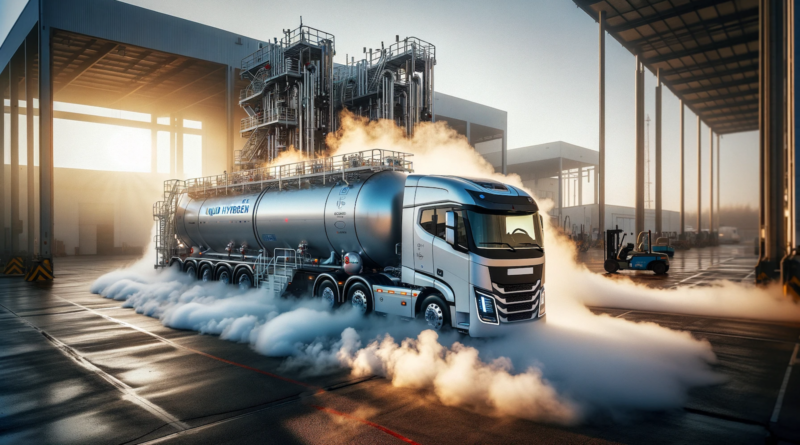 ChatGPT & DALL-E generated panoramic image of a liquid hydrogen truck emitting steam, captured in an industrial setting with an early morning ambiance.