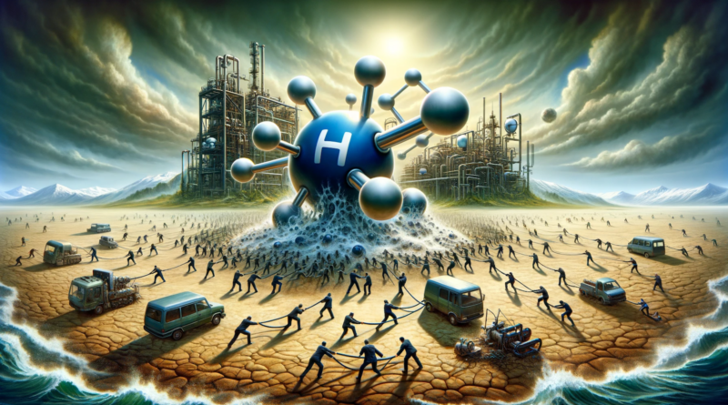 ChatGPT & DALL-E generated panoramic image that metaphorically represents a flawed hydrogen strategy, with a quicksand foundation and stakeholders pushing in conflicting directions.