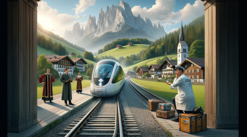 ChatGPT & DALL-E generated image of a tiny hydrogen train broken down on Bavarian tracks with an engineer trying to figure out what's wrong as a chorus sings discordantly.