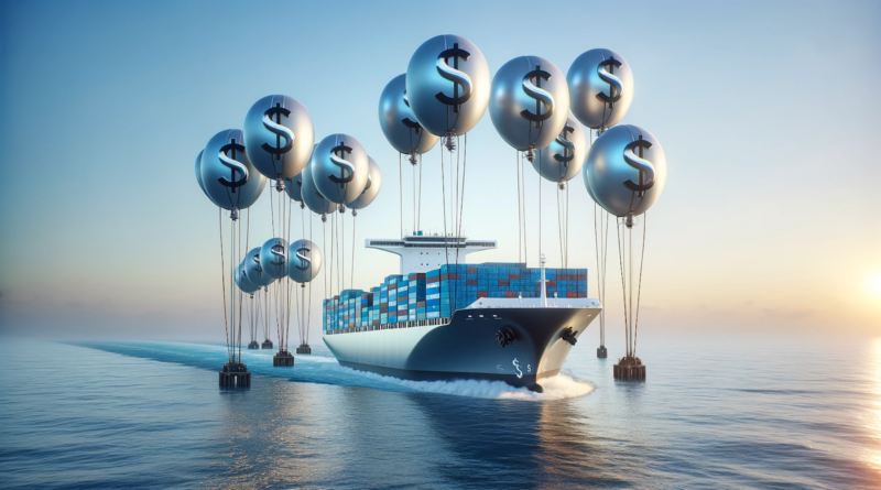 ChatGPT & DALL-E generated panoramic image of a hydrogen-powered container ship, uniquely lifted by large balloons with dollar symbols