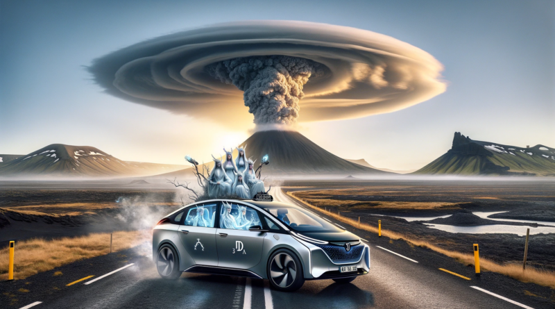 ChatGPT & DALL-E generated panoramic image depicting a futuristic hydrogen-powered taxi carrying a group of Icelandic elves on a barren road, with a volcano in the background.