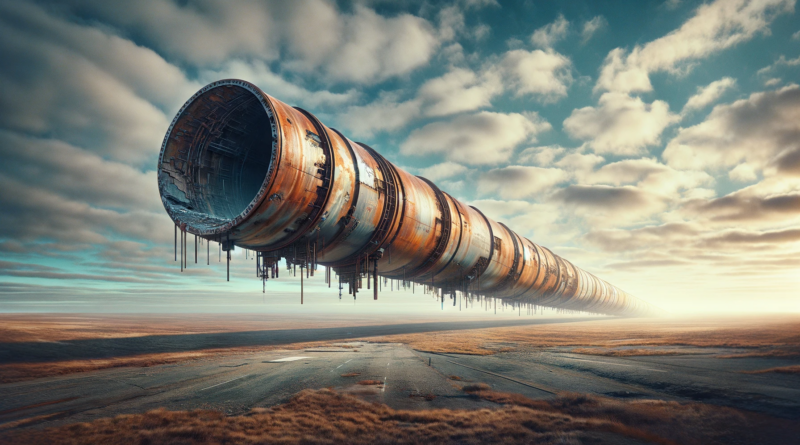 ChatGPT & DALL-E generated panoramic image of a rusting hydrogen pipeline that abruptly ends in mid-air, set against a vast, open landscape.