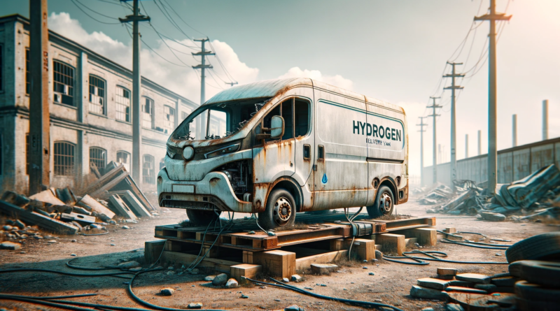 ChatGPT & DALL-E generated panoramic image created features a hydrogen-powered delivery van that appears abandoned and in disrepair, symbolizing the decline or stagnation of hydrogen technology in the transportation sector.