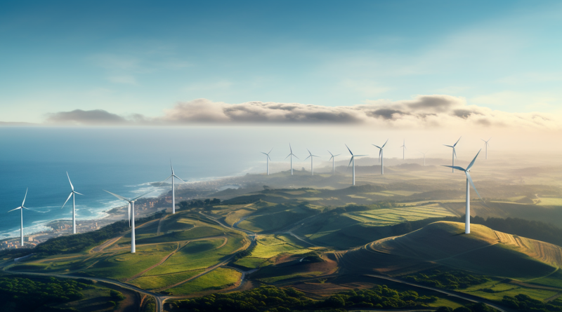 Midjourney generated image of wind farm stretching to the horizon, bird's eye view