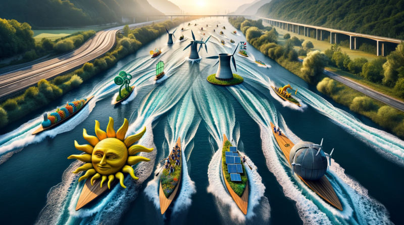 ChatGPT & DALL-E generated panoramic image depicting the river race with boats representing natural elements and energy sources. The renewable energy source boats are moving swiftly with the current, while the boat shaped like a nuclear reactor struggles against the natural flow.