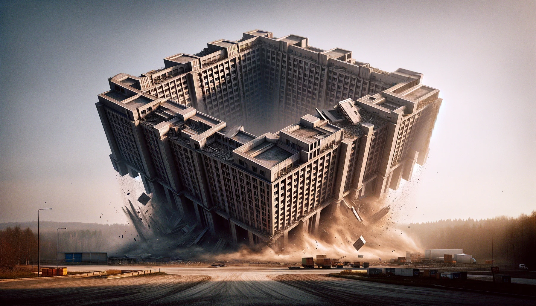 Image of an Energy Vault building concept collapsing under its own weight created by ChatGPT and DALL-E