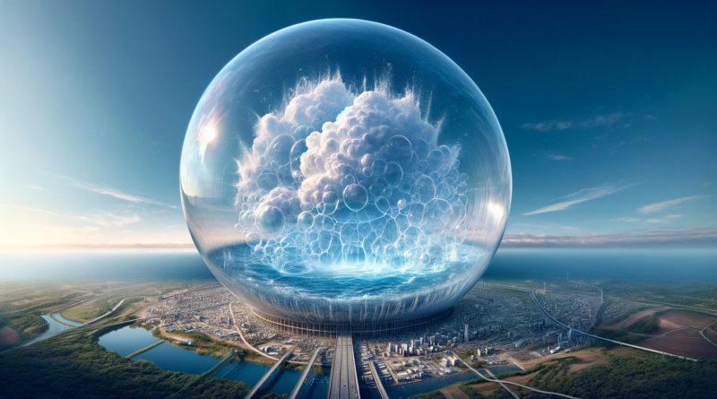 A panoramic image depicting a surreal scene of a gigaliter of water contained within a gigantic transparent bubble, suspended 400 meters above the ground created by ChatGPT and DALL-E.