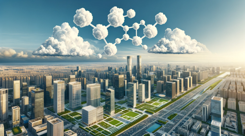 ChatGPT & DALL-E generated panoramic image of a city with clouds artistically shaped like hydrogen and derivative molecules, symbolizing the illusion of hydrogen wealth over the city.