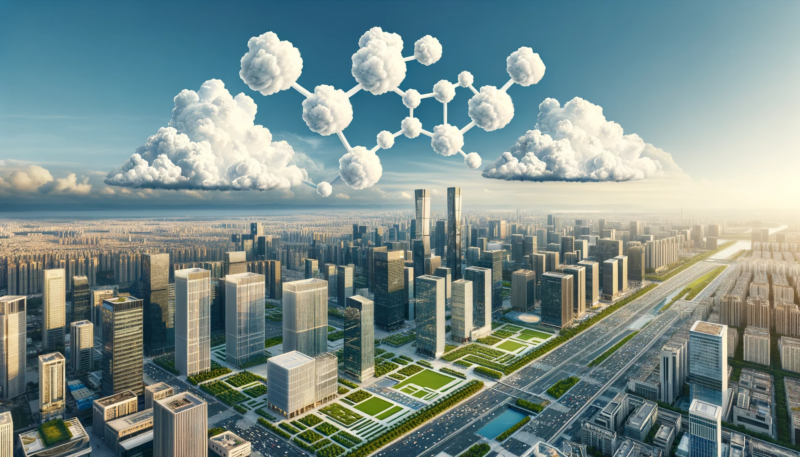 ChatGPT & DALL-E generated panoramic image of a city with clouds artistically shaped like hydrogen and derivative molecules, symbolizing the illusion of hydrogen wealth over the city.