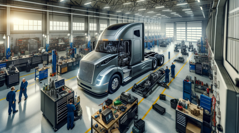 ChatGPT & DALL-E generated panoramic image of a hydrogen fuel cell semi-truck tractor in a repair shop