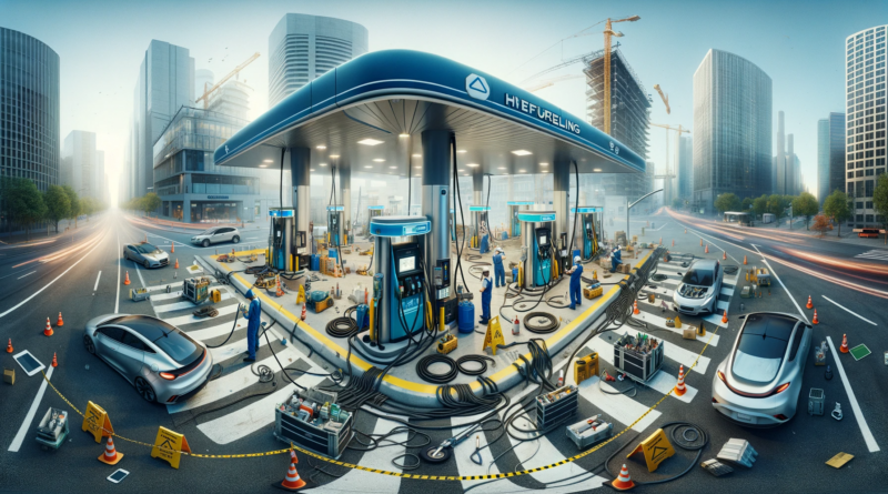 ChatGPT & DALL-E generated panoramic image of a hydrogen refueling station that is out of service and being worked on.