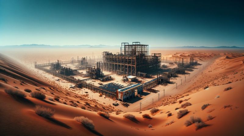 ChatGPT & DALL-e generated panoramic image depicting a dusty and abandoned hydrogen electrolysis facility in a desert