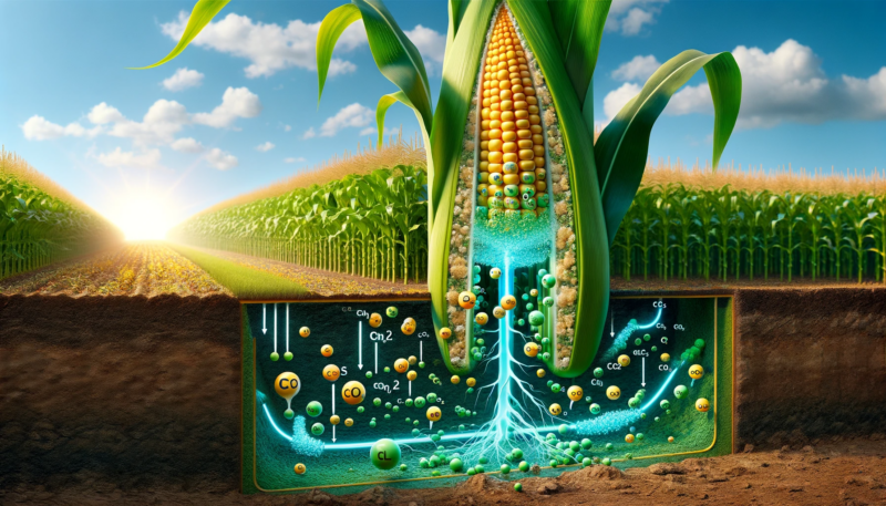 ChatGPT & DALLE generated panoramic, cutaway image that illustrates a stalk of corn acting as a natural conveyor belt for carbon