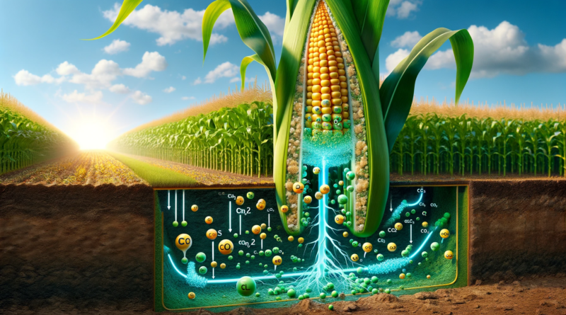 ChatGPT & DALLE generated panoramic, cutaway image that illustrates a stalk of corn acting as a natural conveyor belt for carbon