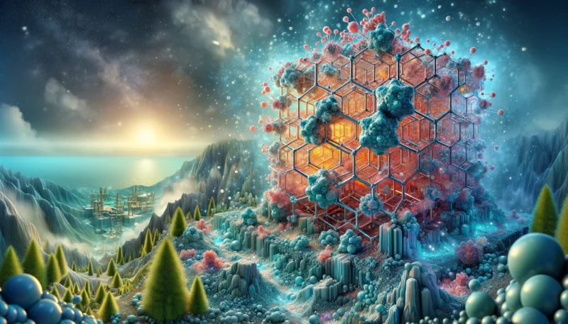 ChatGPT & DALL-E generated panoramic image showcasing a magnesite crystal absorbing CO2 molecules