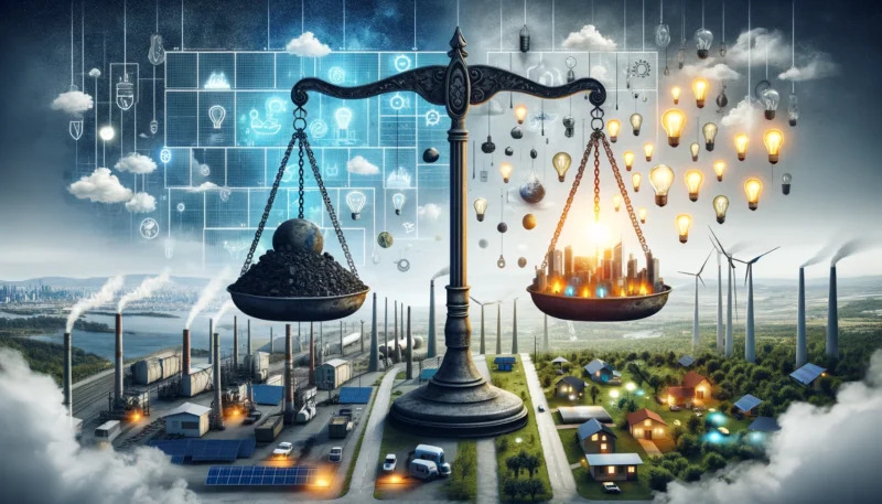 ChatGPT & DALL-E generated panoramic image that visualizes the concept of Energy Returned on Energy Invested (EROEI) through the metaphor of a balance scale