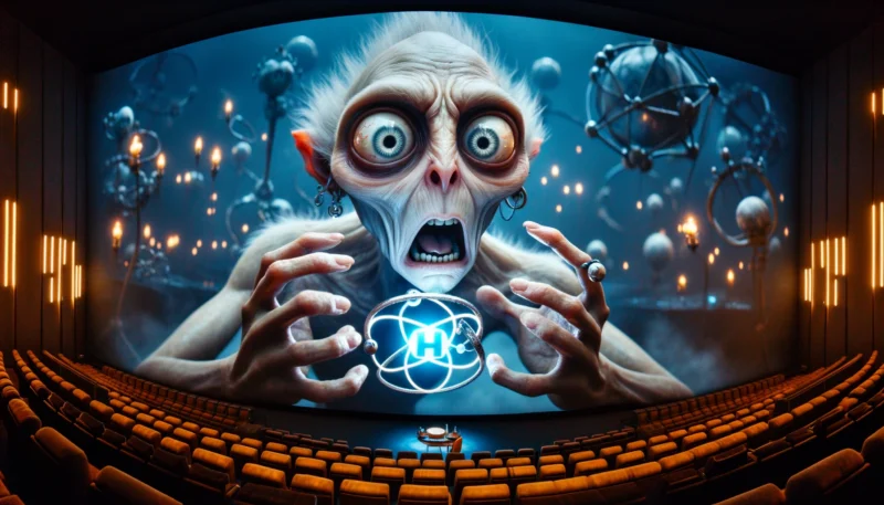 ChatGPT & DALL-E generated panoramic image created based on your description. It captures the essence of a pale creature with an intense obsession for hydrogen, clutching a ring symbolizing a hydrogen molecule