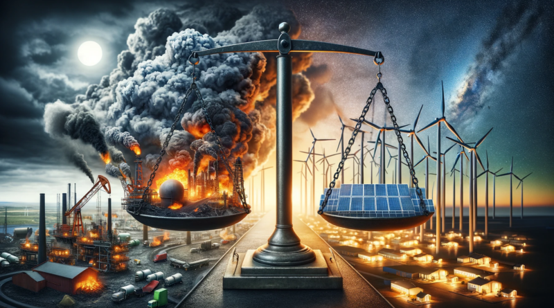 ChatGPT & DALL-E generated panoramic image that vividly contrasts the environmental and economic impacts of burning fossil fuels and attempting carbon capture with the sustainable, clean energy production from wind and solar power