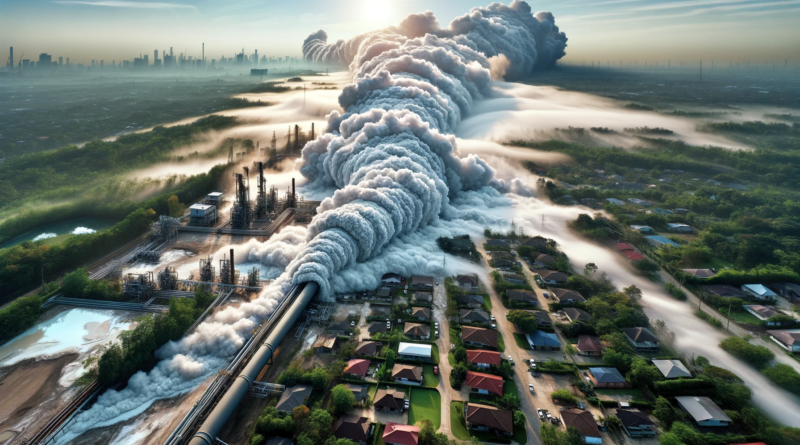 ChatGPT & DALL-E generated image from a bird's eye view that captures a large pipeline rupture, with carbon dioxide forming a dense, ground-hugging mist that ominously envelops nearby residences and buildings.