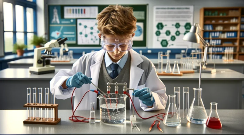 ChatGPT & DALL-E generated panoramic image depicting a Grade 7 student making hydrogen in a school laboratory through the electrolysis of water