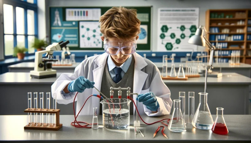 ChatGPT & DALL-E generated panoramic image depicting a Grade 7 student making hydrogen in a school laboratory through the electrolysis of water