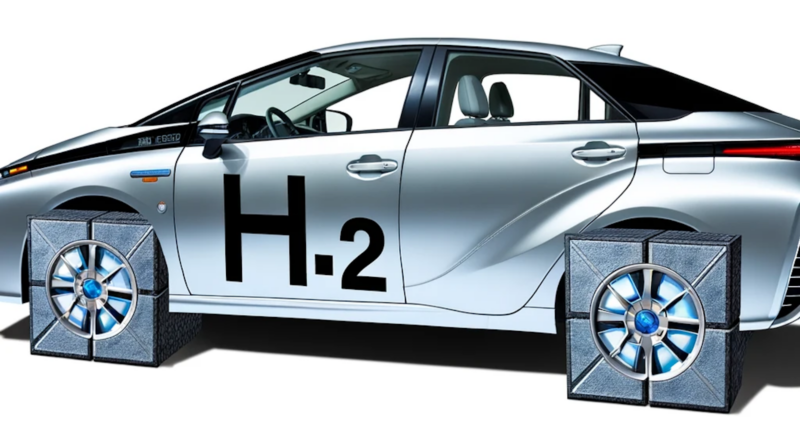 ChatGPT & DALL-E generated image of a Toyota Mirai hydrogen fuel cell car with square wheels