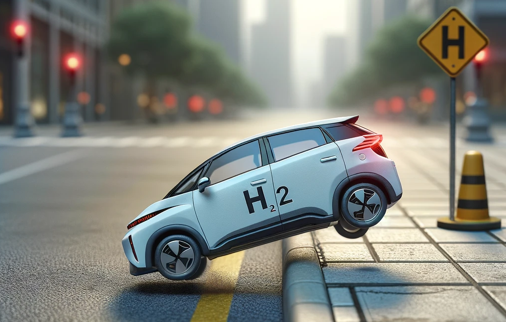Das von ChatGPT und DALL-E erstellte Bild stellt das Konzept eines starken Rückgangs der Verkäufe von Wasserstofffahrzeugen dar, wobei ein Miniaturmodell eines Wasserstoff-Brennstoffzellenautos metaphorisch vom Bordstein fällt
