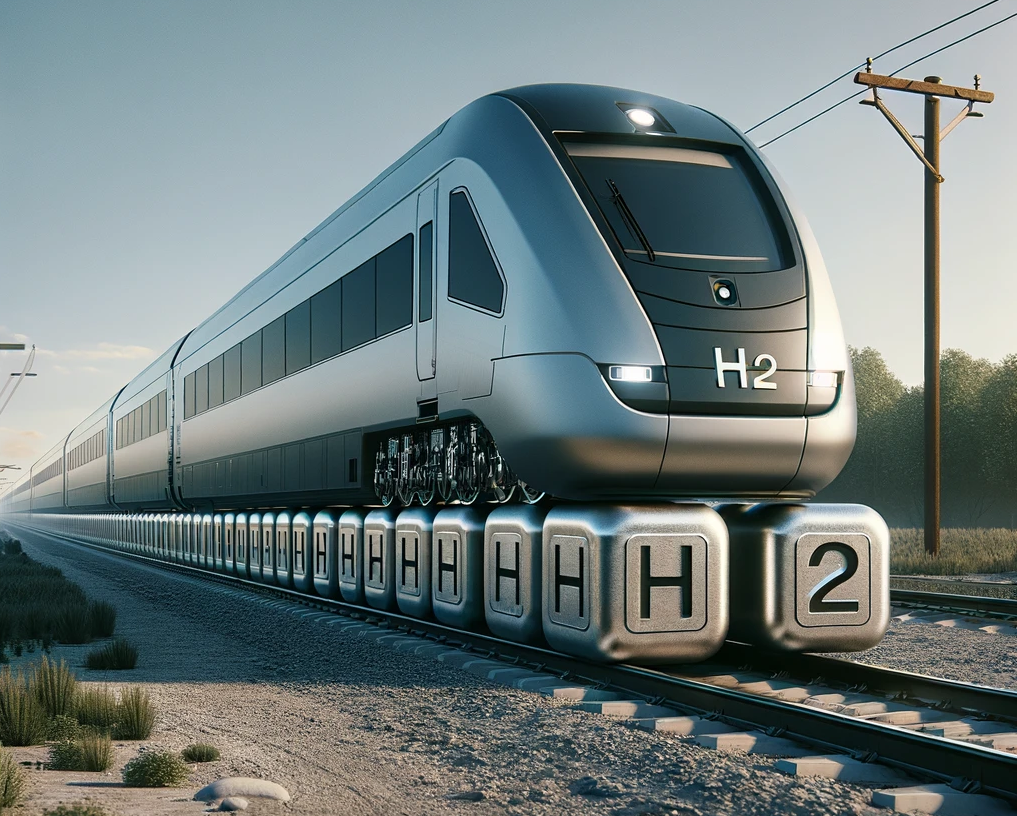 ChatGPT et DALL-E ont généré l'image d'un train de voyageurs moderne avec des roues carrées constituées de blocs de métal solides, marqués de "H2" de côté, illustrant sa source d'alimentation à pile à combustible à hydrogène