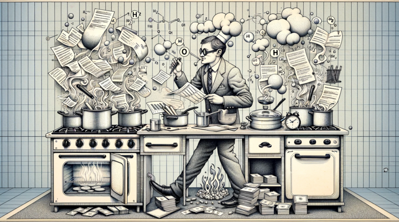 ChatGPT & DALL-E generated panoramic line drawing that depicts a researcher cooking the books for hydrogen