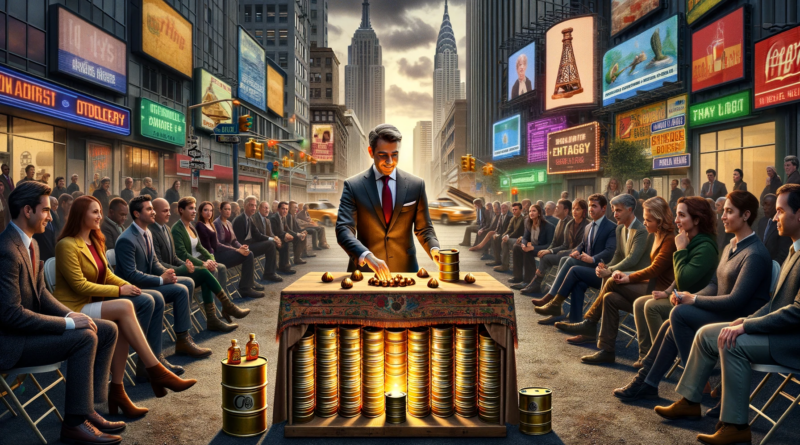 ChatGPT & DALL-E generated panoramic image based on your request. It metaphorically depicts a shell game with an oil company executive using ornate golden barrels to hide a glowing barrel of oil, surrounded by various stakeholders