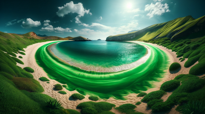 ChatGPT & DALL-E generated panoramic image of a beach with green sand.