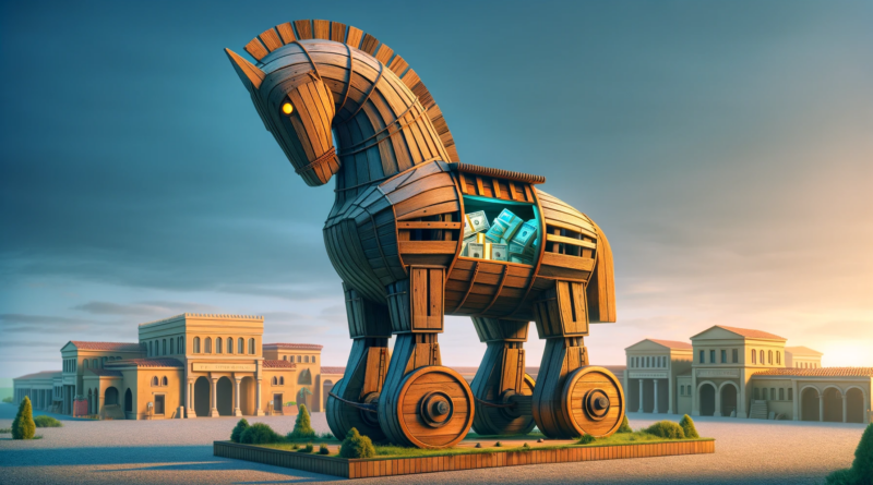 ChatGPT & DALL-E generated panoramic image featuring a Trojan horse with hidden figures of money inside, symbolizing hidden costs within an appealing upfront offer.