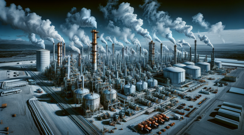 ChatGPT & DALL-E generated panoramic image of a natural gas processing facility with methane emissions visible from various sources like flare stacks, stationary engines, and tanks