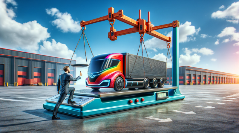 ChatGPT & DALL-E generated panoramic scene showcasing a futuristic electric freight truck, vividly colored, parked on a large, industrial scale with a consultant forcing a different result