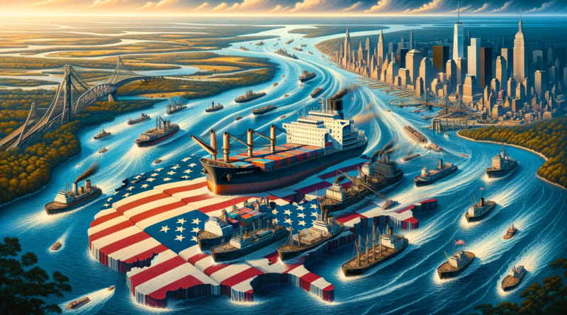 ChatGPT & DALL-E generated panoramic image illustrating the USA with its domestic waterways and coast routes, featuring exaggeratedly large vessels with prominent American flags.