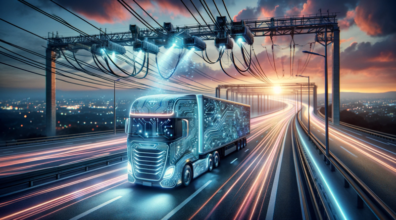 ChatGPT & DALL-E generated panoramic image you requested featuring a truck covered with circuitry and sparks, taking electricity from overhead wires on a highway.