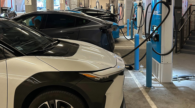 EVs charging at Revel's newest fast-charging Superhub in Long Island City, Queens, New York City.