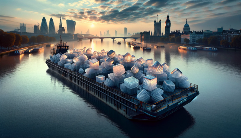 ChatGPT & DALL-E generated panoramic image of a pile of supersaturated sodium acetate (Hot Ice) hand warmers on a steel barge on the Thames.