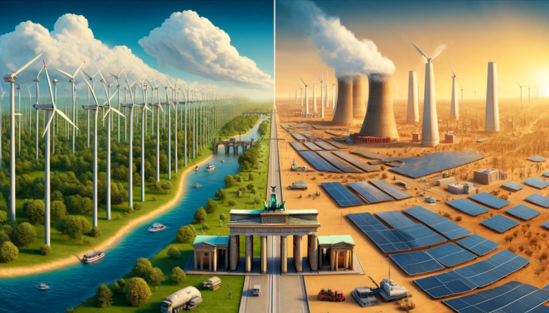 ChatGPT & DALL-e generated panoramic image depicting the contrast between Germany and Australia in terms of nuclear energy