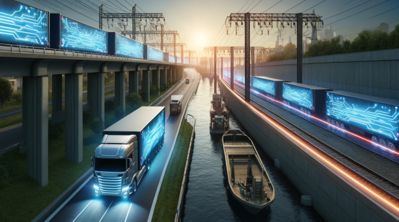 ChatGPT & DALL-E generated panoramic image of a multi-modal transport corridor featuring a highway with electric trucks, a railroad with freight trains, and a canal with electric ships