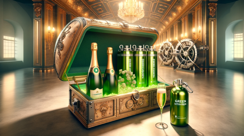 ChatGPT & Dall-E generated panoramic image visually captures the metaphor of green hydrogen being akin to Champagne, highlighting their shared attributes of rarity and value.