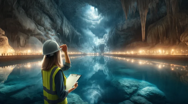 ChatGPT & DALL-E panoramic image of a cavern underground full of water with an engineer in a hard hat looking at it and scratching her head.