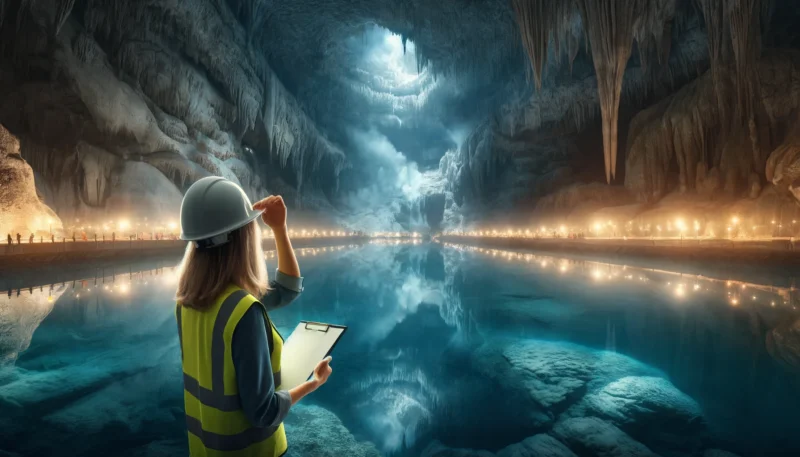 ChatGPT & DALL-E panoramic image of a cavern underground full of water with an engineer in a hard hat looking at it and scratching her head.