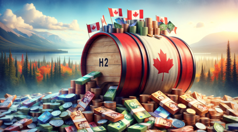 ChatGPT & DALL-E generated panoramic image of a barrel wrapped in the Canadian flag, labeled "H2" and overflowing with Canadian currency